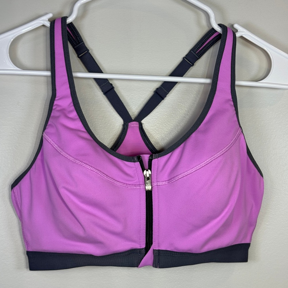 Victoria's Secret VSX 36B Sports Bra Purple Gray Front Zip Clasp High Impact